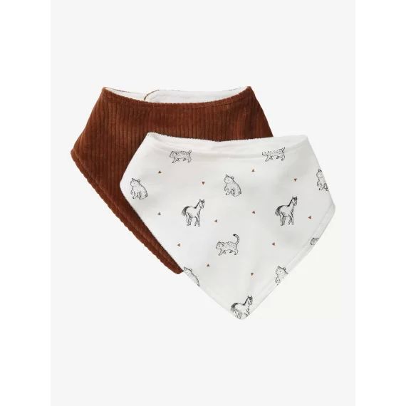 Lot de 2 bavoirs bandanas Petit Nomade lot caramel ivoire imprimé