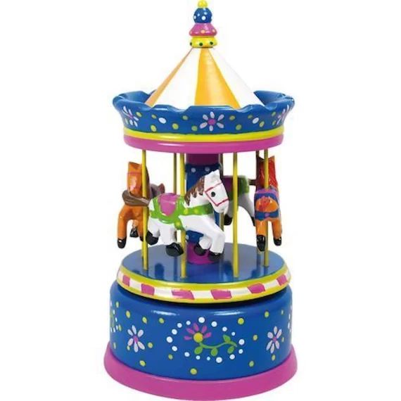 Boîte à musique – Carrousel bleu – Petits chevaux – Ø 10 x 22 cm bleu