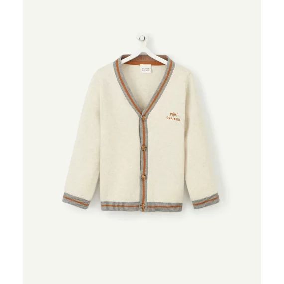 Cardigan bébé garçon en coton bio gris et détails camel –  – Soldes