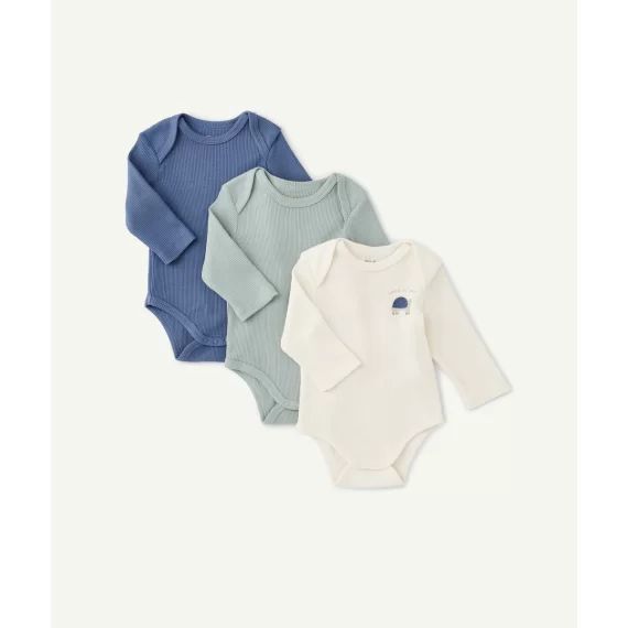Lot de 3 bodies bébé en coton bio gaufré bleu blanc et vert