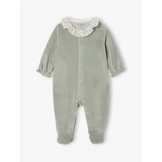 Dors-bien à collerette en velours naissance bébé personnalisable vert sauge