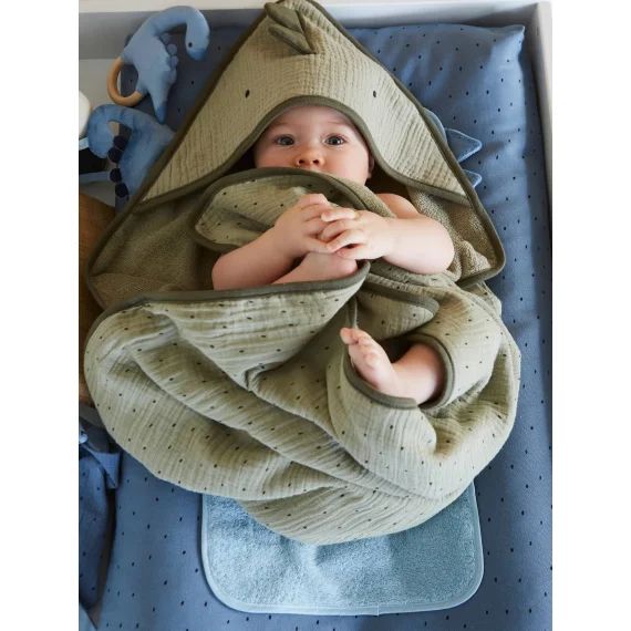 Cape de bain bébé en gaze de coton + gant de toilette PETIT DINO vert