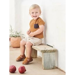 Short rayé bébé en coton et lin écru