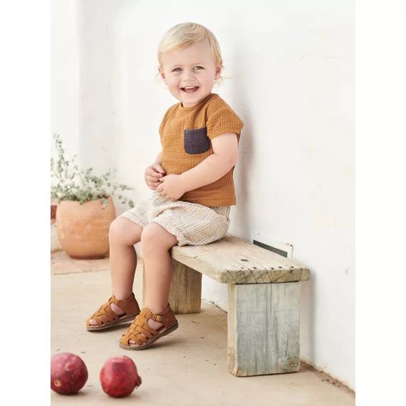 Short rayé bébé en coton et lin écru