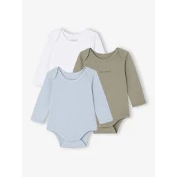 Lot de 3 bodies naissance en maille côtelée et interlock bleu ciel
