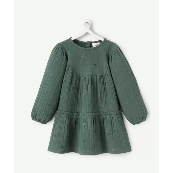Robe bébé fille en gaze de coton verte ajourée –  – Soldes