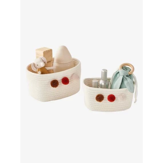 Lot de 2 paniers en corde à pompons beige