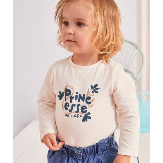 T-shirt bébé fille en coton bio écru avec message bleu –  – Soldes