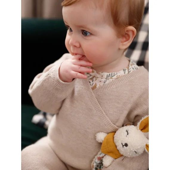 Cardigan brassière bébé en laine et coton beige chiné