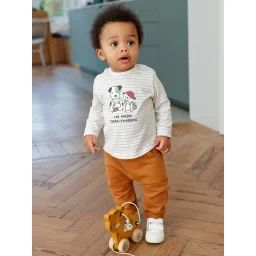 Ensemble T-shirt et pantalon molleton bébé rayé / caramel