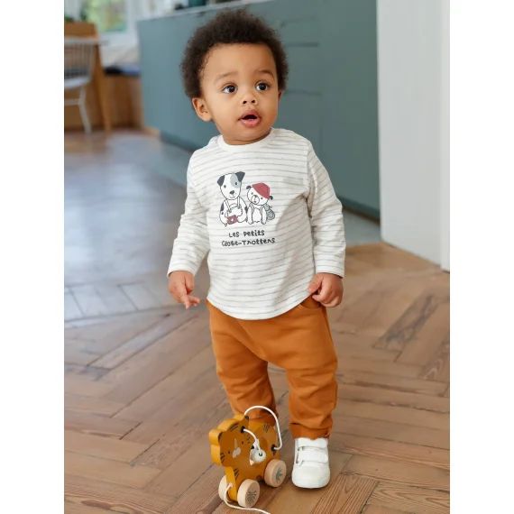 Ensemble T-shirt et pantalon molleton bébé rayé / caramel