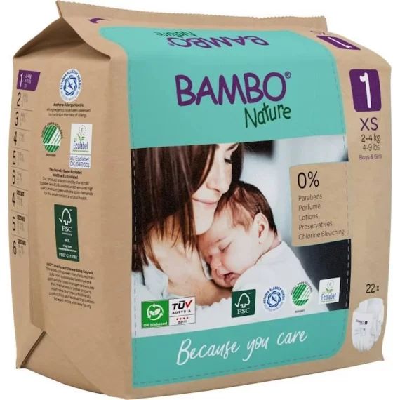Bambo Nature, Couches Éco-conçues, T1, 2-4 Kg, Carton De 132 Unités (6 Sachets De 22), Emballage Papier Kraft Multicolore