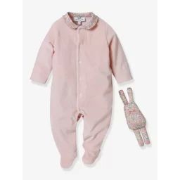 Coffret cadeau bébé : dors-bien en velours et tissu Liberty + doudou en tissu Liberty CYRILLUS rose