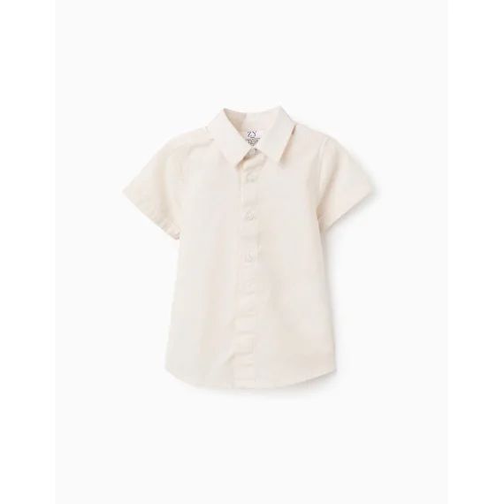 Chemise À Manches Courtes Unie En Coton Beige Clair