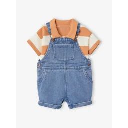 Ensemble bébé salopette courte en denim et son polo rayé pêche