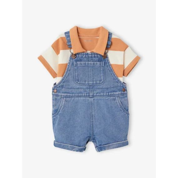 Ensemble bébé salopette courte en denim et son polo rayé pêche