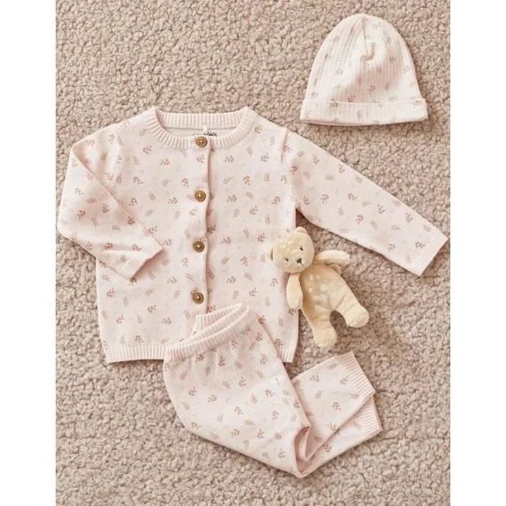 Cardigan imprimé végétal en tricot fin rose