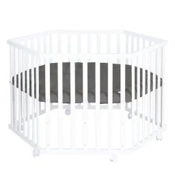 ROBA Parc Bébé Hexagonal – avec Tapis Anthracite en Cuir PU Hydrofuge + 6 Roulettes à Freins – Hauteur Réglable – Bois Blanc blanc