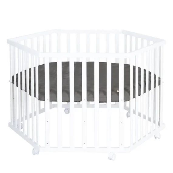 ROBA Parc Bébé Hexagonal – avec Tapis Anthracite en Cuir PU Hydrofuge + 6 Roulettes à Freins – Hauteur Réglable – Bois Blanc blanc