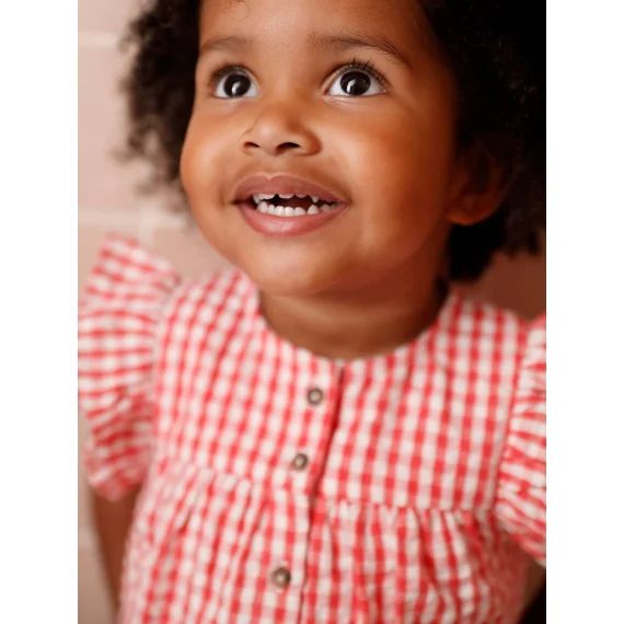 Blouse en seersucker vichy bébé manches courtes à volant carreaux rouge