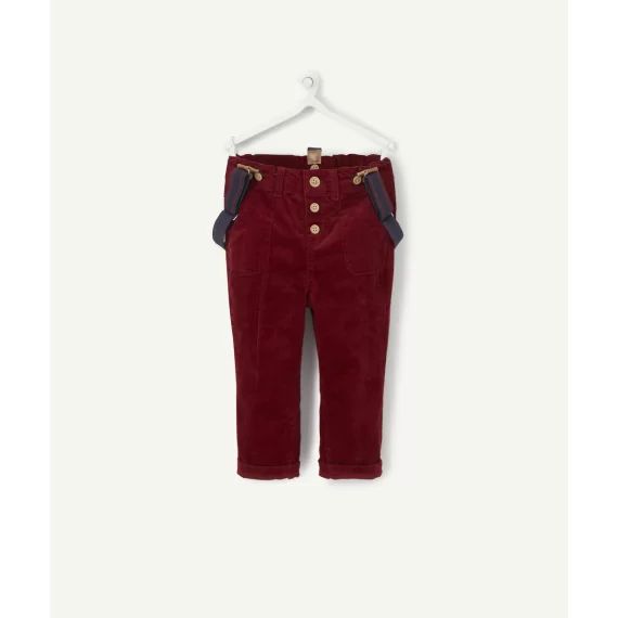 Le pantalon bordeaux en velours côtelé avec bretelles –  – Soldes