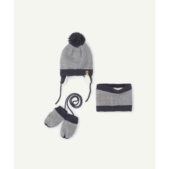 Le set rayé avec bonnet moufles et snood en fibres recyclées –  – Soldes