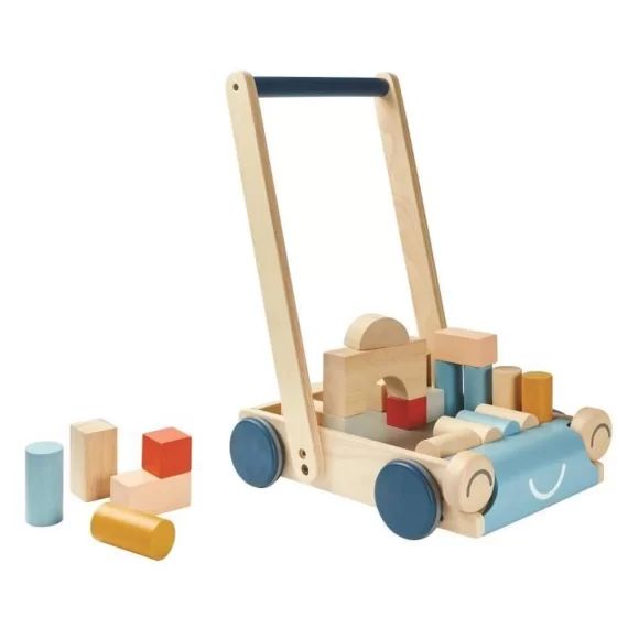 Chariot de marche Tendresse – Plan Toys – Pour Bébé de 12 mois et plus – 24 cubes en bois inclus beige
