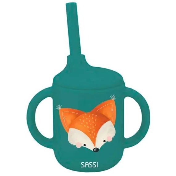 Gobelet En Silicone Avec Poignées Et Paille 120 Ml Animaux Renard Bleu