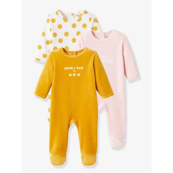 Lot de 3 pyjamas dors-bien en velours bébé ouverture dos BASICS lot jaune épicé