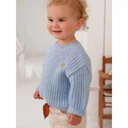 Pull tricot bébé coeur doré bleu ciel