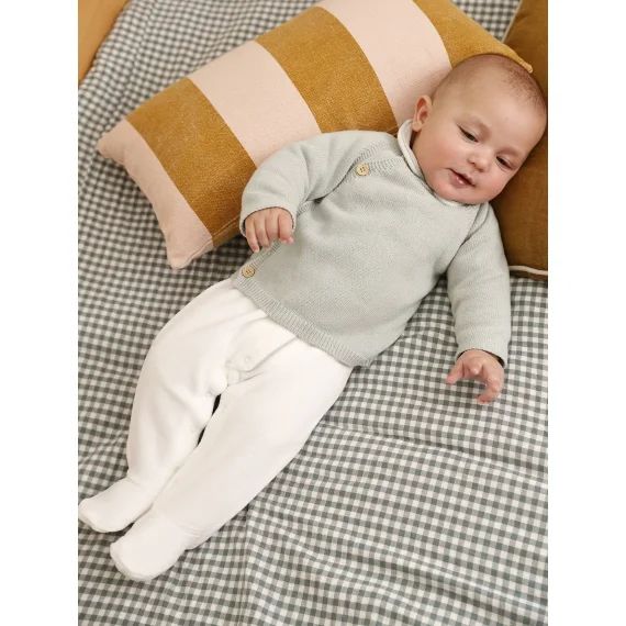Coffret naissance 3 pièces en tricot uni gilet + dors-bien + body vert sauge