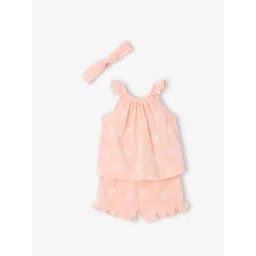 Ensemble imprimé débardeur + short + bandeau bébé fille rose pâle