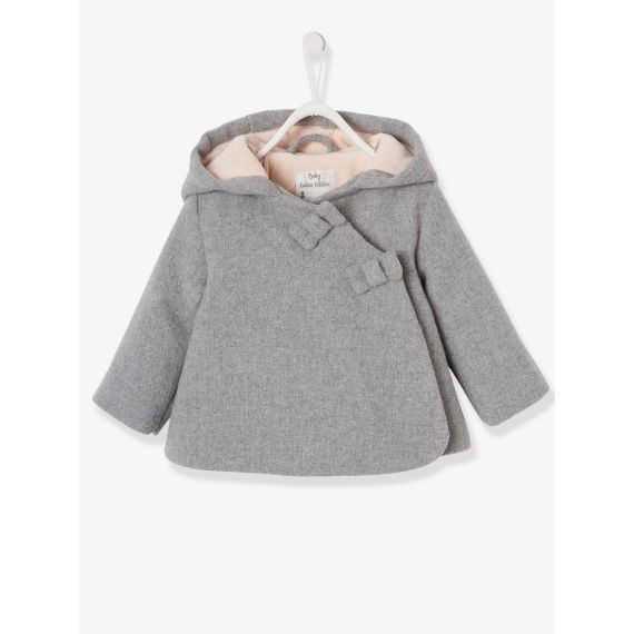 Manteau à capuche bébé fille lainage doublé et ouatiné gris clair chiné