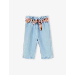 Pantalon large en denim bébé avec ceinture en tissu fleuri stone