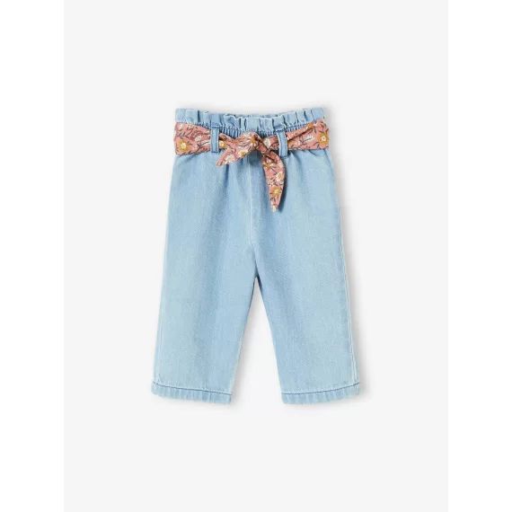 Pantalon large en denim bébé avec ceinture en tissu fleuri stone