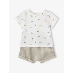 Ensemble naissance T-shirt imprimé et short rayé kaki