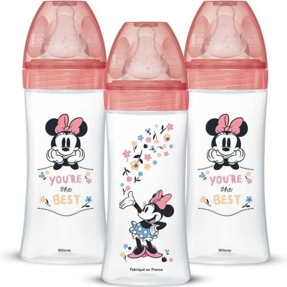 Dodie Lot de 3 Biberons Anti colique Sensation+, Minnie, 330 ml, +6 Mois, Tétine Plate, Débit 3 rose