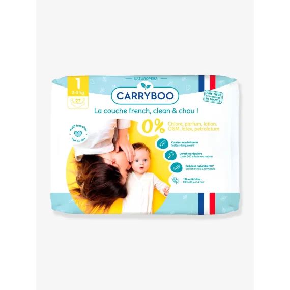 27 couches dermo-sensitives T1 (2-5 kg) CARRYBOO blanc