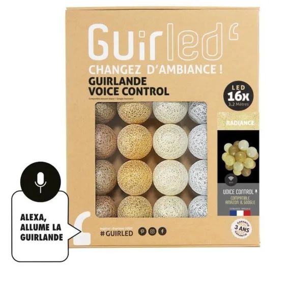 Guirlande lumineuse wifi boules coton LED USB – Commande Vocale – Amazon Alexa & Google Assistant – 16 boules 1,6m – Radiance jaune