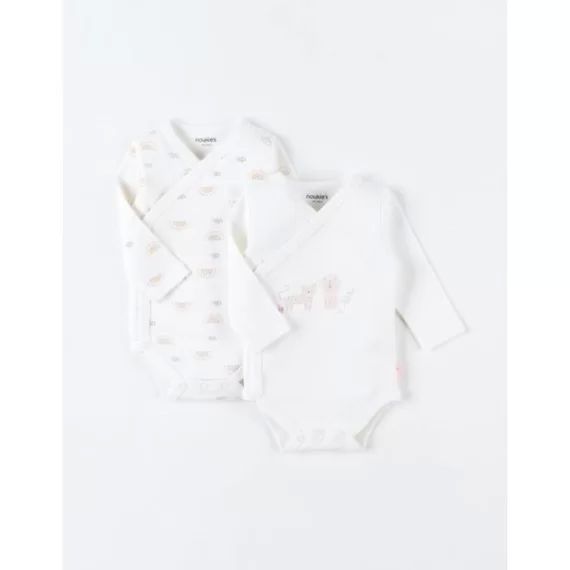 Set de 2 bodies croisés manches longues imprimés blanc