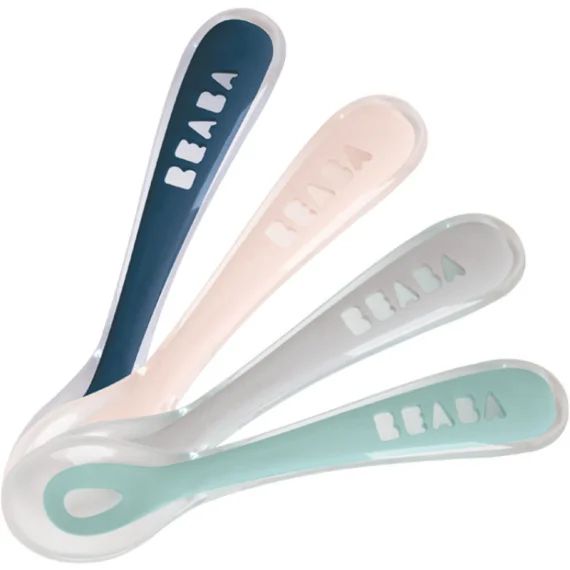 Lot de 4 cuillères en silicone 2e âge bleu, rose et vert d&rsquo;eau