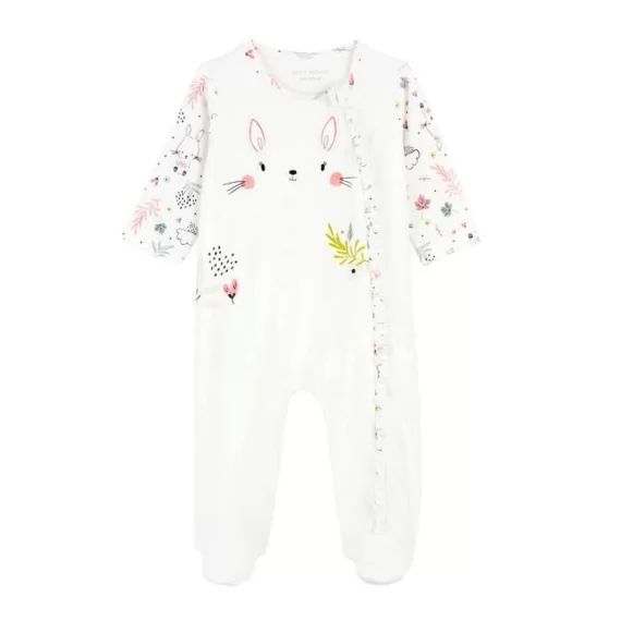 Pyjama Bébé En Velours Ouverture Zippée Happy Bunny Blanc