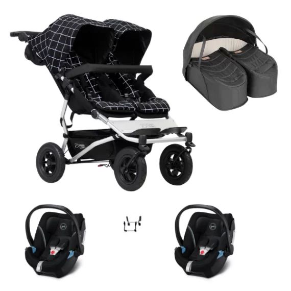 Poussette Double Mountain Buggy Duet V3.2 – Grid + Cocoon Jumeaux + 2 Coques Auto Cybex Aton 5 – Deep Black