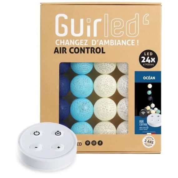 Guirlande lumineuse boules coton LED USB – Télécommandée -Veilleuse bébé 2h –  4 intensités – 24 boules 2,4m – Océan bleu