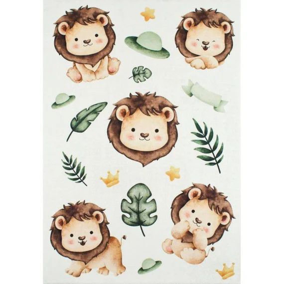 Tapis Enfant Lions En Polyester Beige