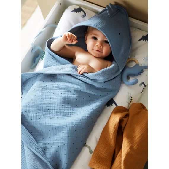 Cape de bain bébé en gaze de coton + gant de toilette PETIT DINO bleu
