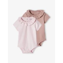 Lot de 2 bodies bébé col fantaisie manches courtes ouverture dos lilas poudré