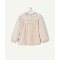 T-shirt rose pâle bébé fille en coton bio et broderie anglaise –  – Soldes