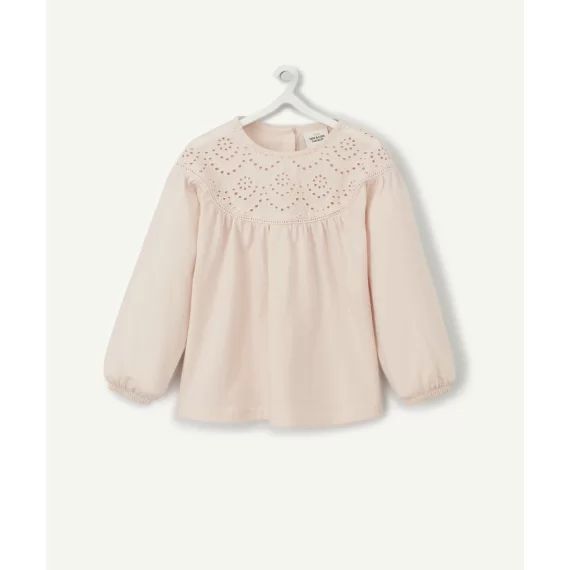 T-shirt rose pâle bébé fille en coton bio et broderie anglaise –  – Soldes