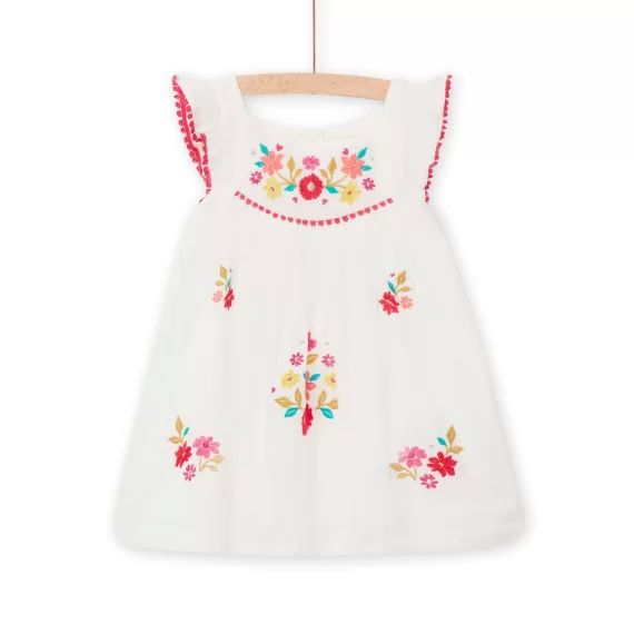 Robe Écrue Broderies Fleuries Bébé Fille